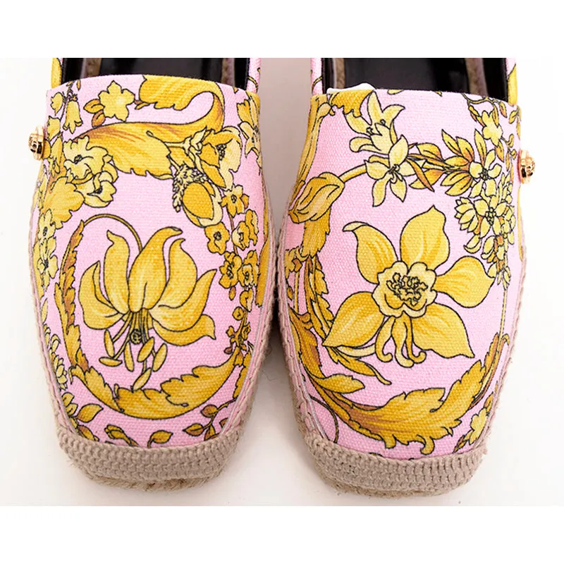 37 & 38 NEW $550 VERSACE Pink Yellow BAROCCO FLORAL LOGO Espadrille SUMMER FLATS NIB