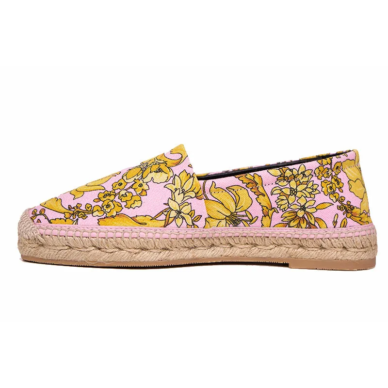 37 & 38 NEW $550 VERSACE Pink Yellow BAROCCO FLORAL LOGO Espadrille SUMMER FLATS NIB
