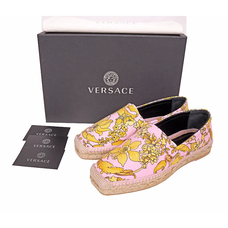 37 & 38 NEW $550 VERSACE Pink Yellow BAROCCO FLORAL LOGO Espadrille SUMMER FLATS NIB