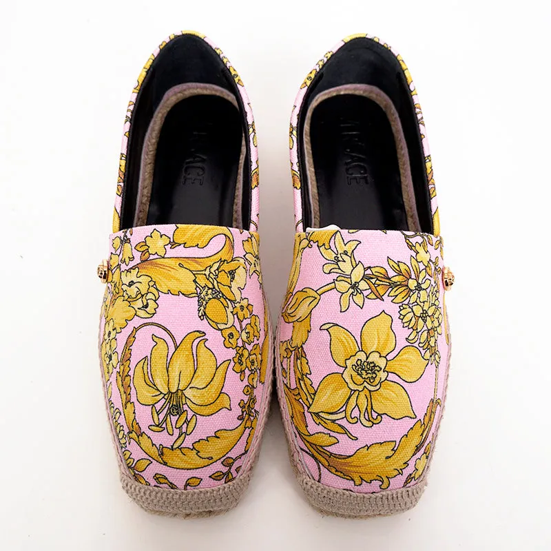37 & 38 NEW $550 VERSACE Pink Yellow BAROCCO FLORAL LOGO Espadrille SUMMER FLATS NIB