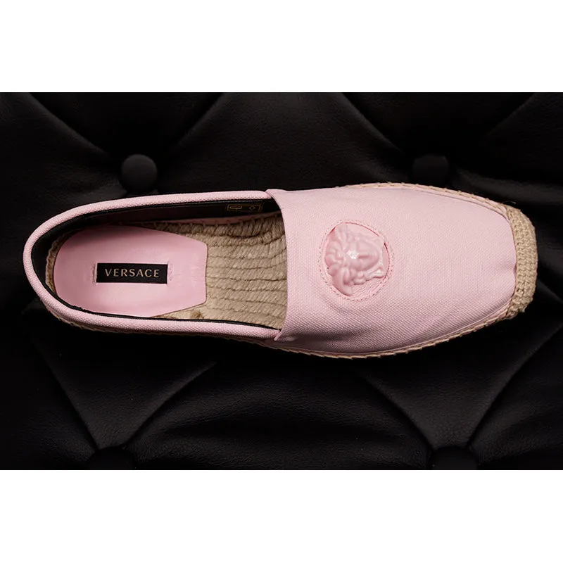 37 NEW $525 VERSACE Light Pink Canvas LA MEDUSA LOGO Espadrille SUMMER FLATS NIB