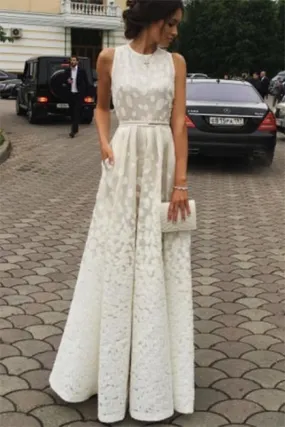 A-line Ivory Jewel Sleeveless Floor-length Lace Prom Dresses Cheap Evening Formal Dress