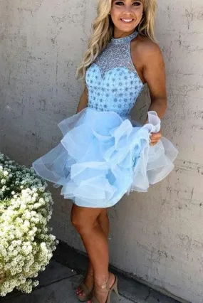 A-Line Light Blue Jewel Sleeveless Beading Mini Tulle Homecoming Party Dresses