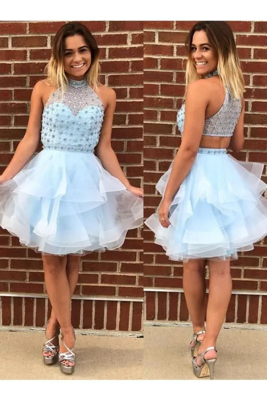 A-Line Light Blue Jewel Sleeveless Beading Mini Tulle Homecoming Party Dresses