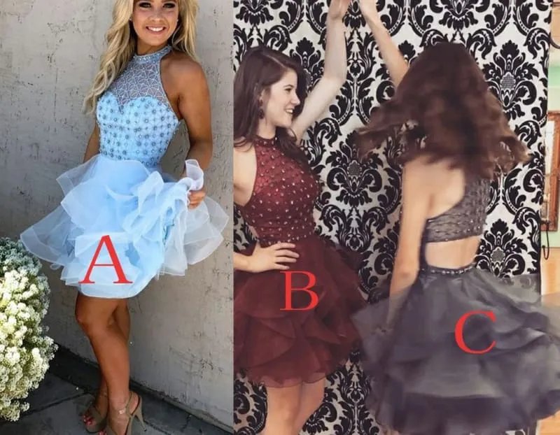 A-Line Light Blue Jewel Sleeveless Beading Mini Tulle Homecoming Party Dresses