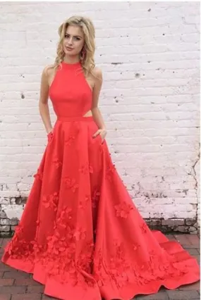 A-Line Red Jewel Keyhole Back Sleeveless Sweep Train Satin Prom Dress with Appliques