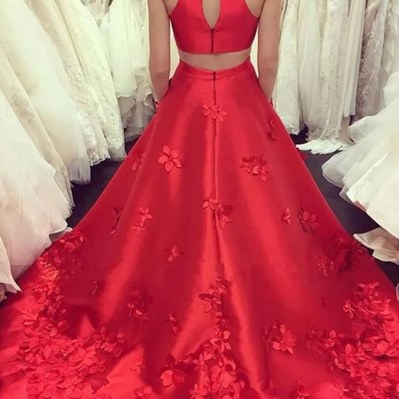 A-Line Red Jewel Keyhole Back Sleeveless Sweep Train Satin Prom Dress with Appliques