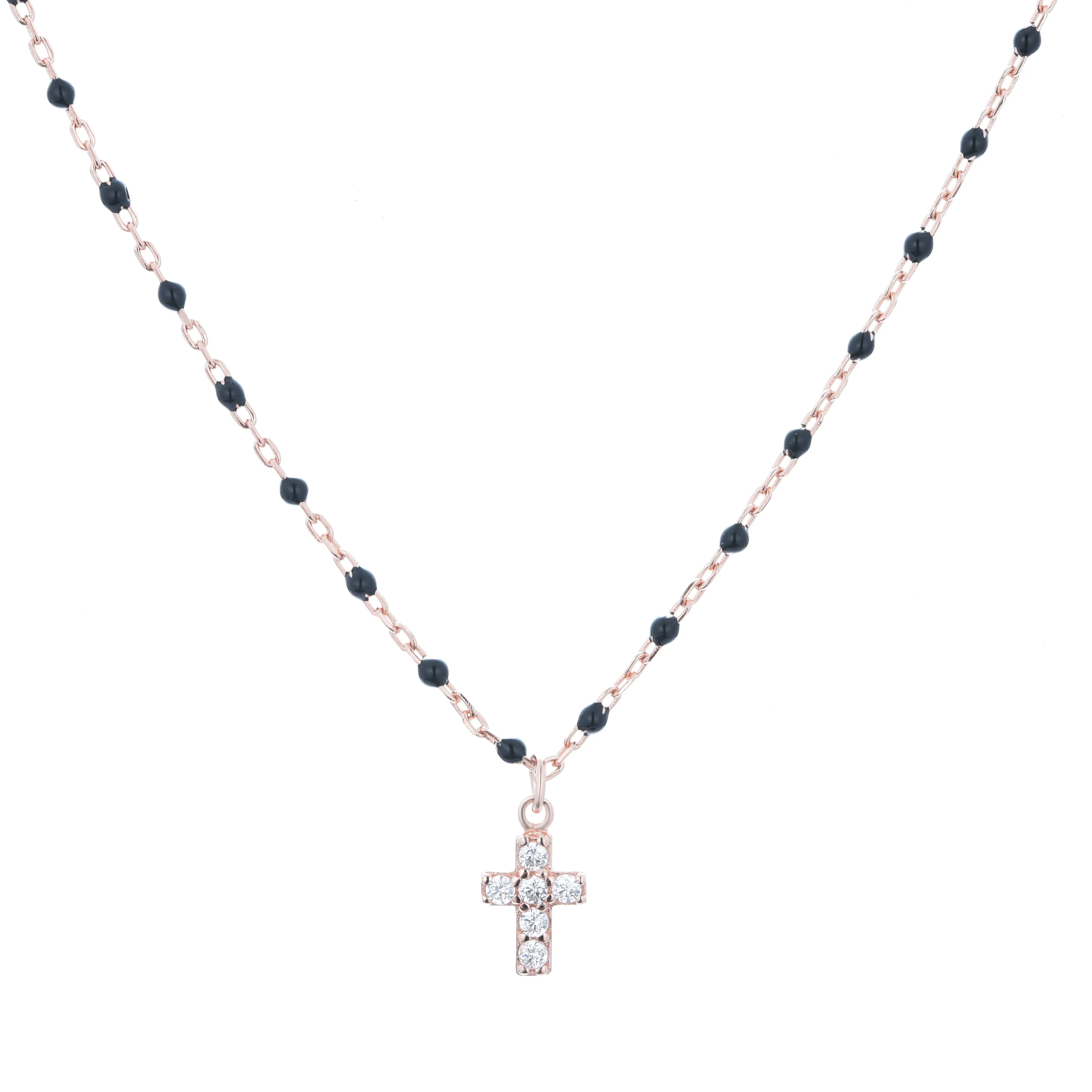 AMARI MINI CROSS BLACK BEADED ROSE GOLD NECKLACE