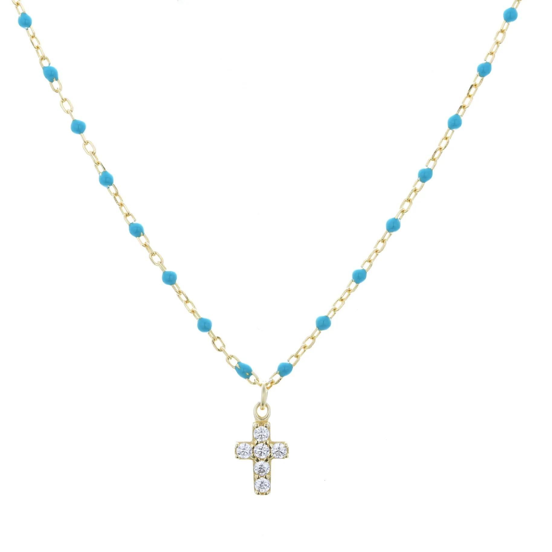 AMARI MINI CROSS BLUE BEADED GOLD NECKLACE