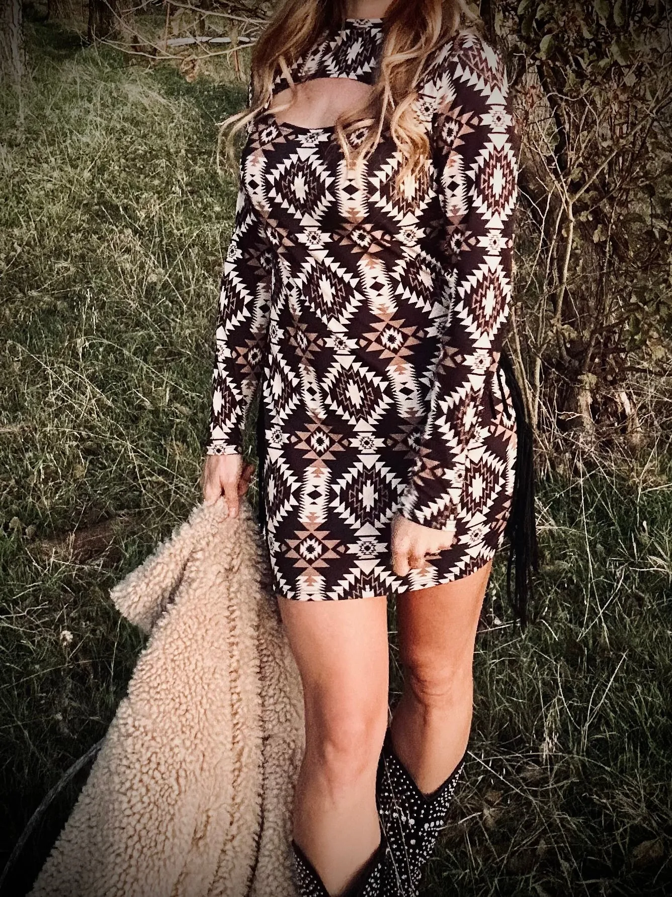 Aztec Dress With Suede Fringe