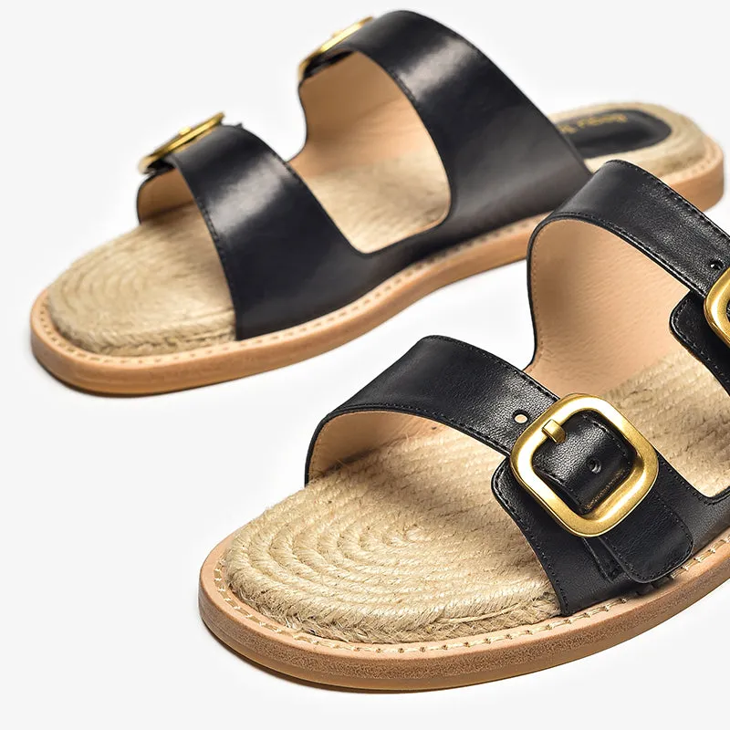 BeauToday Women's Calfskin Casual Buckle Slippers Espadrille Slides for Summer