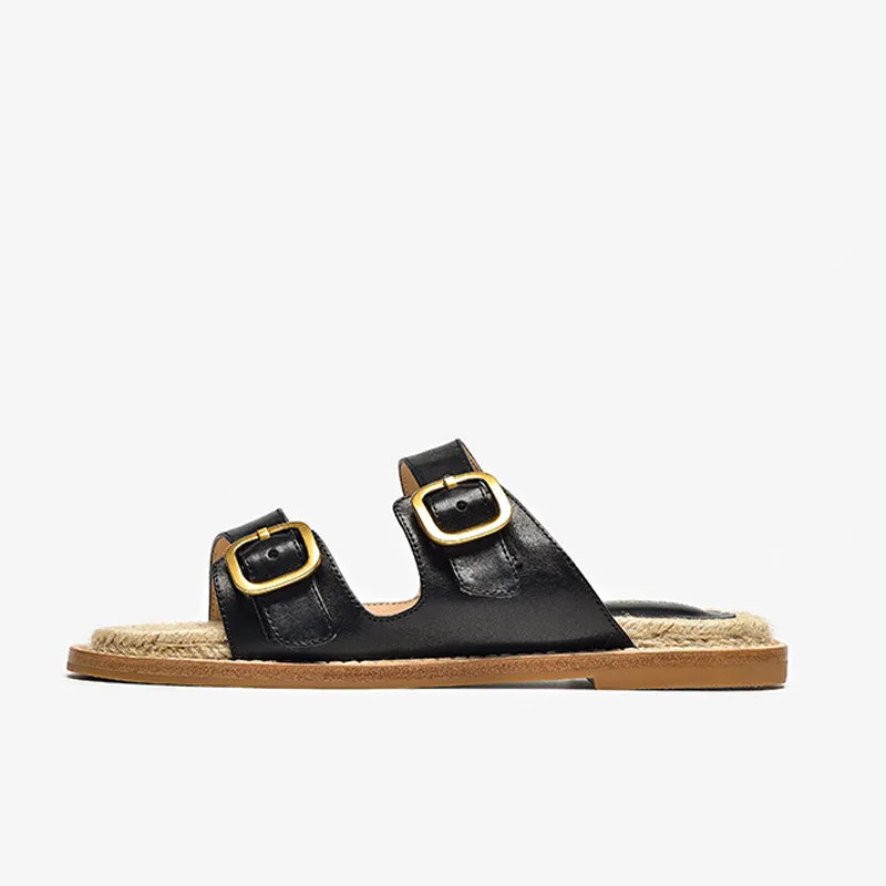 BeauToday Women's Calfskin Casual Buckle Slippers Espadrille Slides for Summer