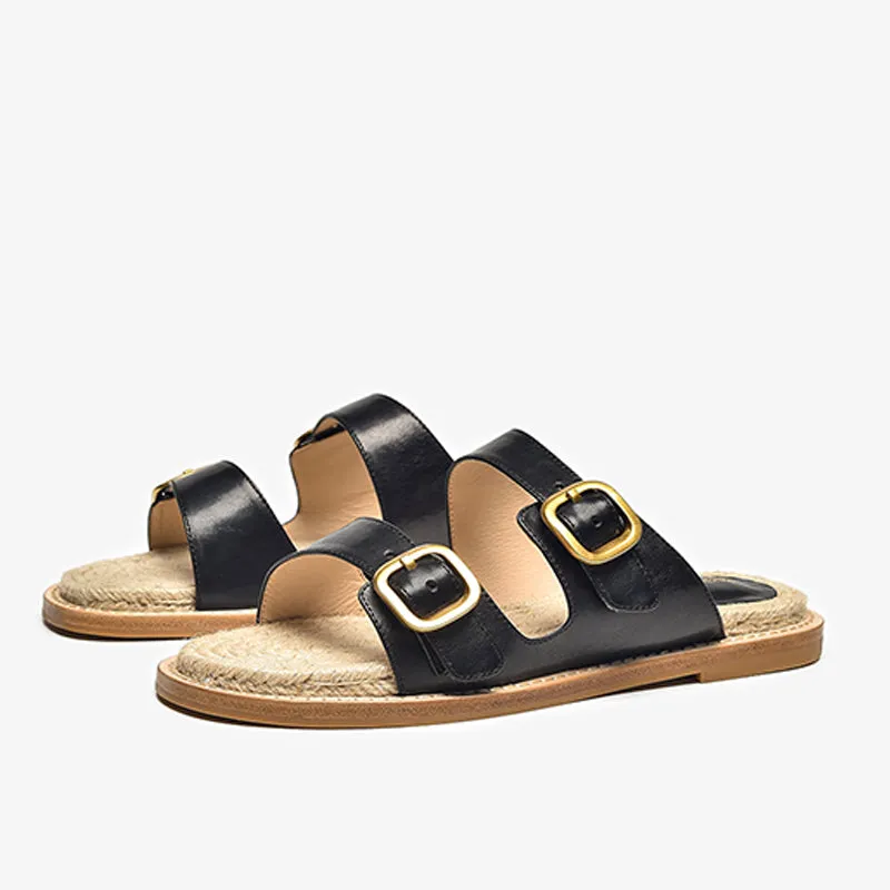 BeauToday Women's Calfskin Casual Buckle Slippers Espadrille Slides for Summer