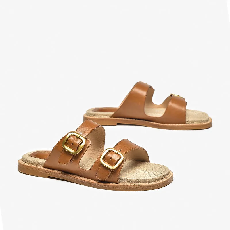 BeauToday Women's Calfskin Casual Buckle Slippers Espadrille Slides for Summer