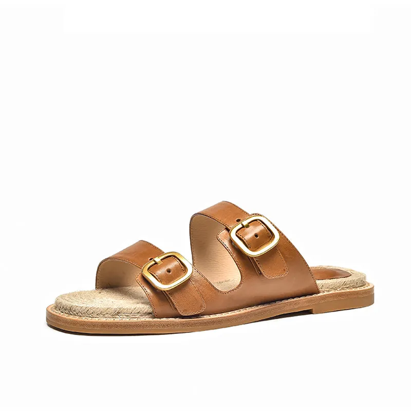 BeauToday Women's Calfskin Casual Buckle Slippers Espadrille Slides for Summer