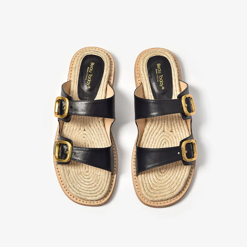 BeauToday Women's Calfskin Casual Buckle Slippers Espadrille Slides for Summer