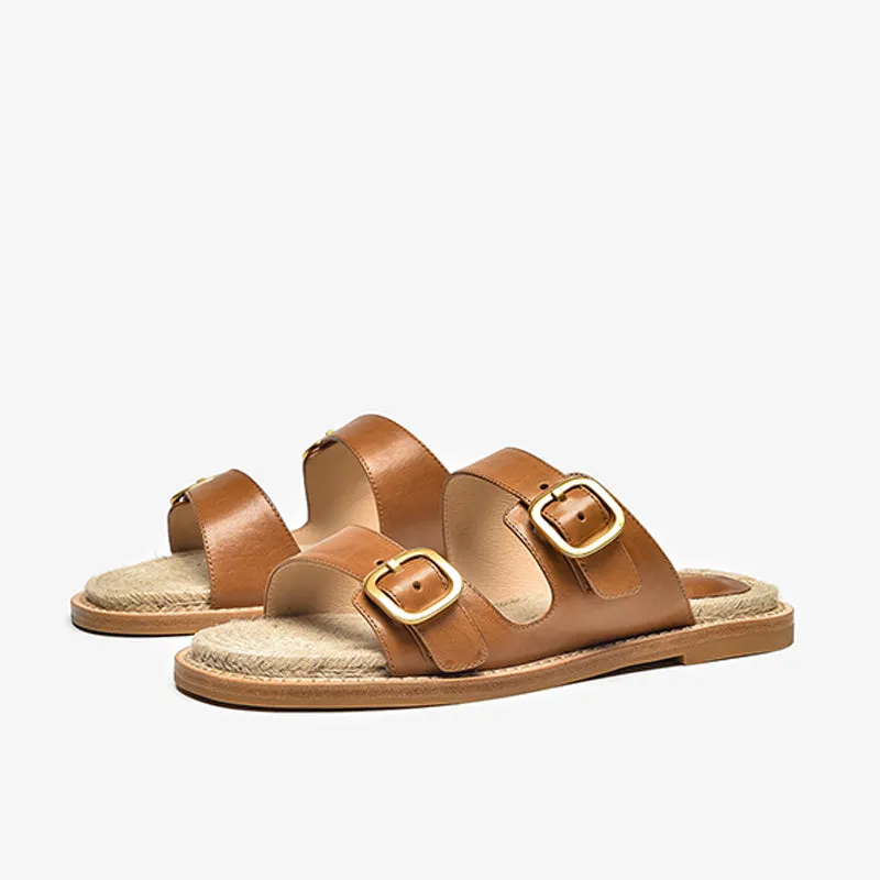 BeauToday Women's Calfskin Casual Buckle Slippers Espadrille Slides for Summer