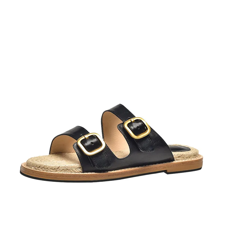 BeauToday Women's Calfskin Casual Buckle Slippers Espadrille Slides for Summer