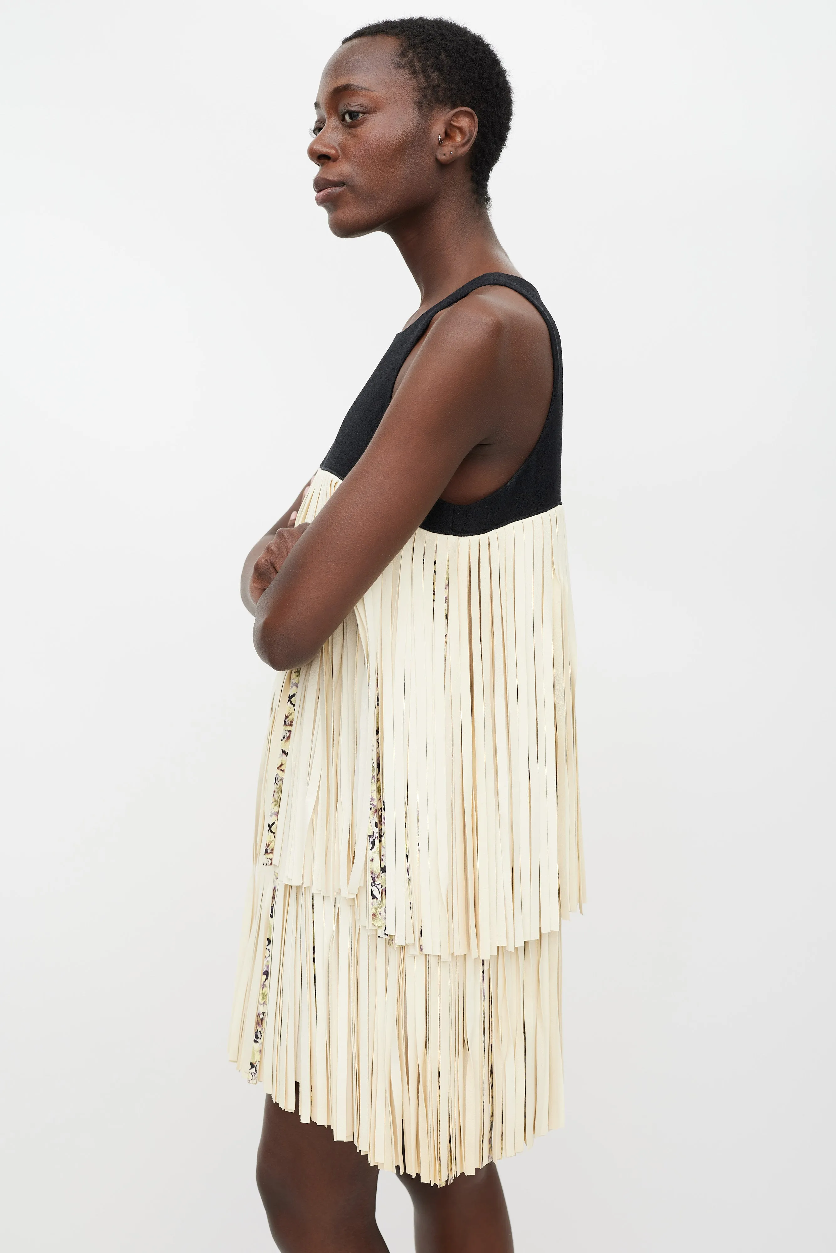 Black & Cream Leather Tiered Fringe Dress