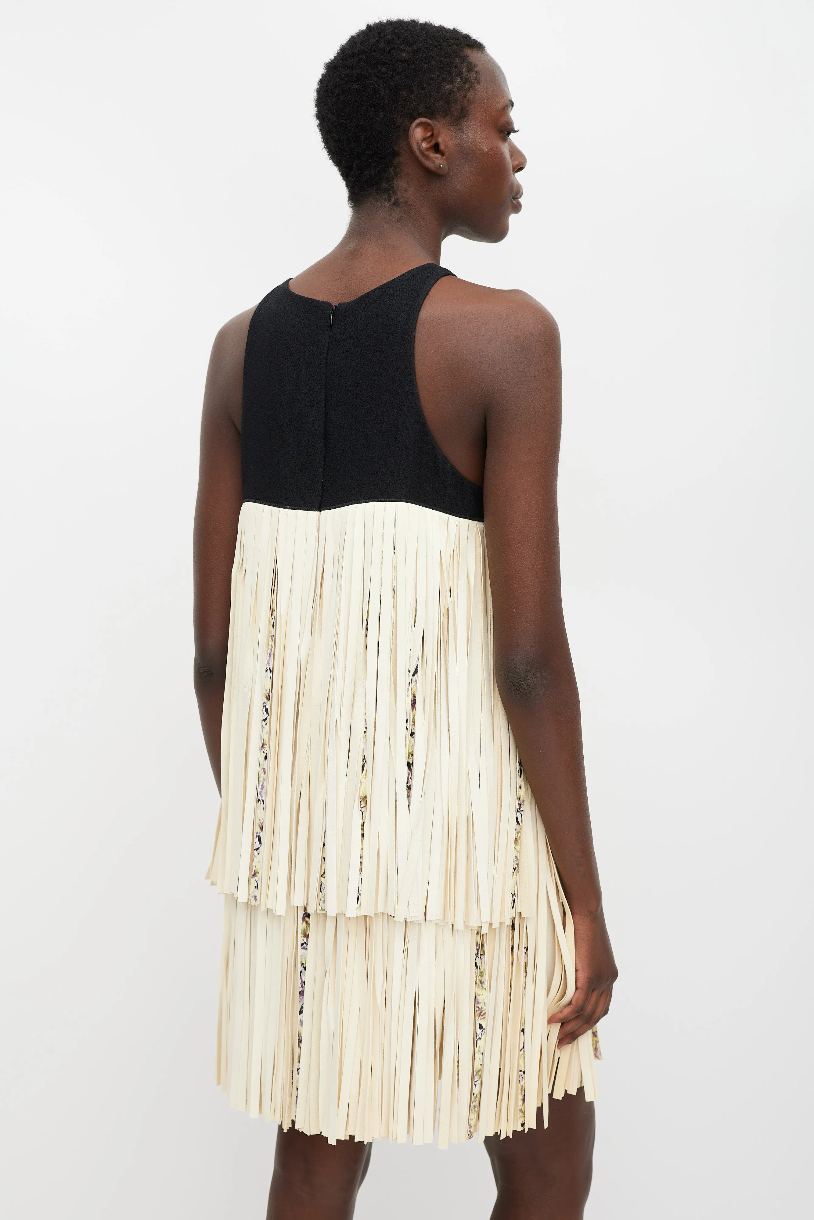 Black & Cream Leather Tiered Fringe Dress