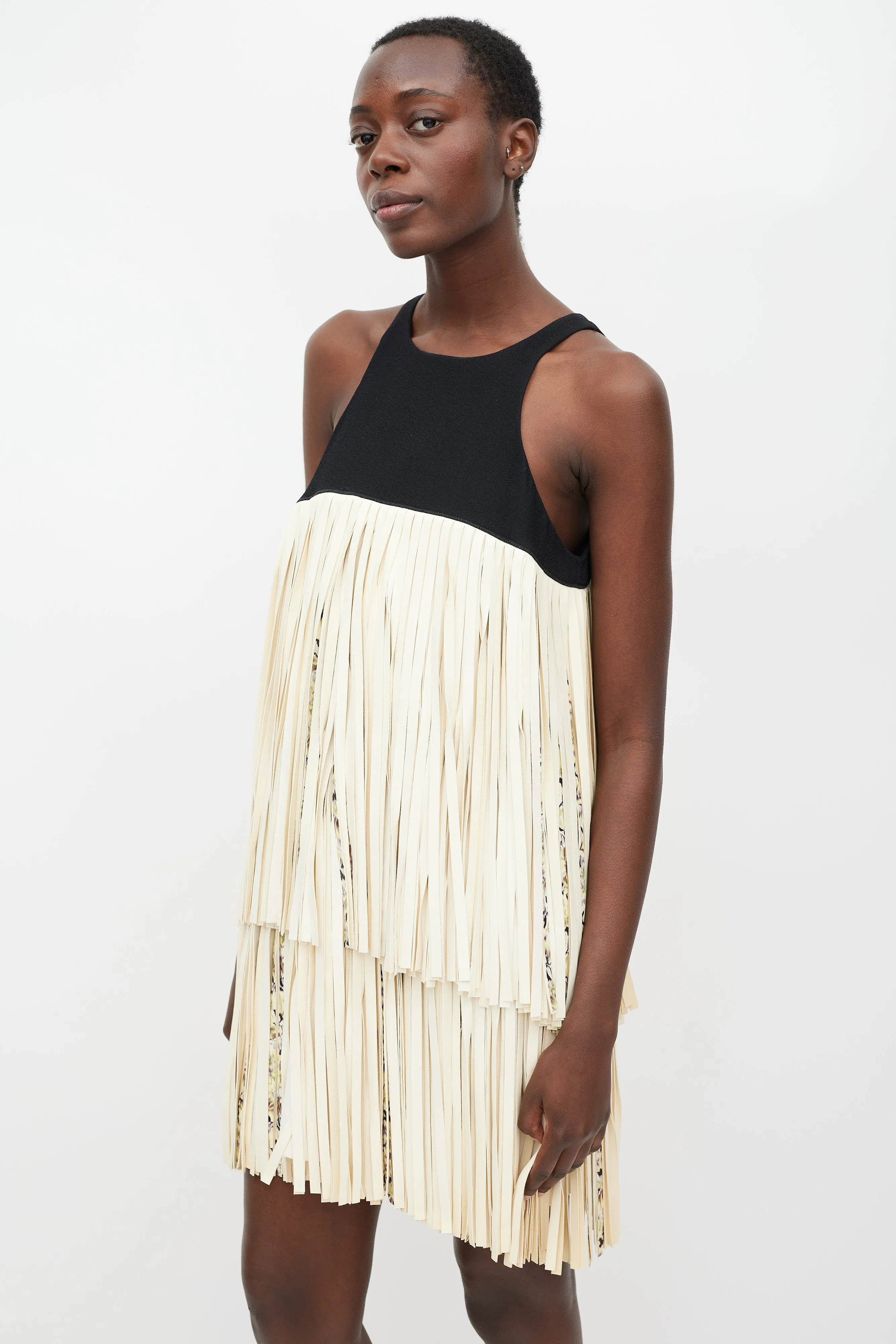 Black & Cream Leather Tiered Fringe Dress