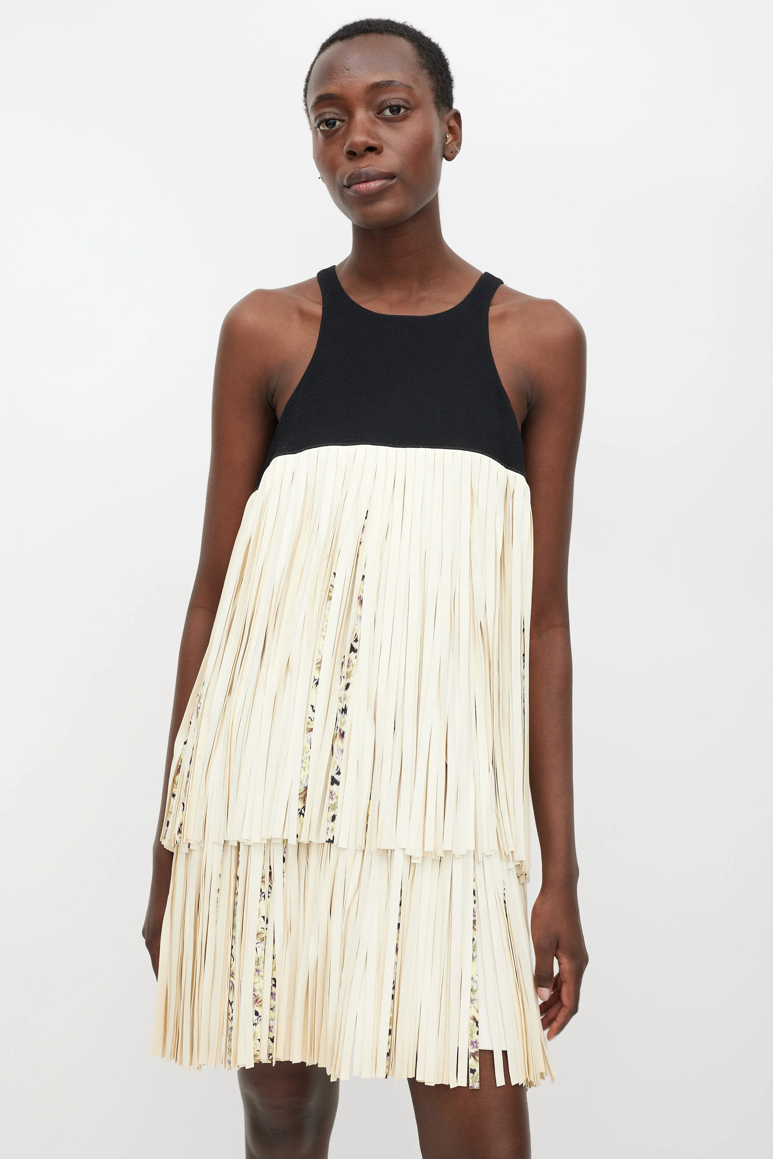 Black & Cream Leather Tiered Fringe Dress