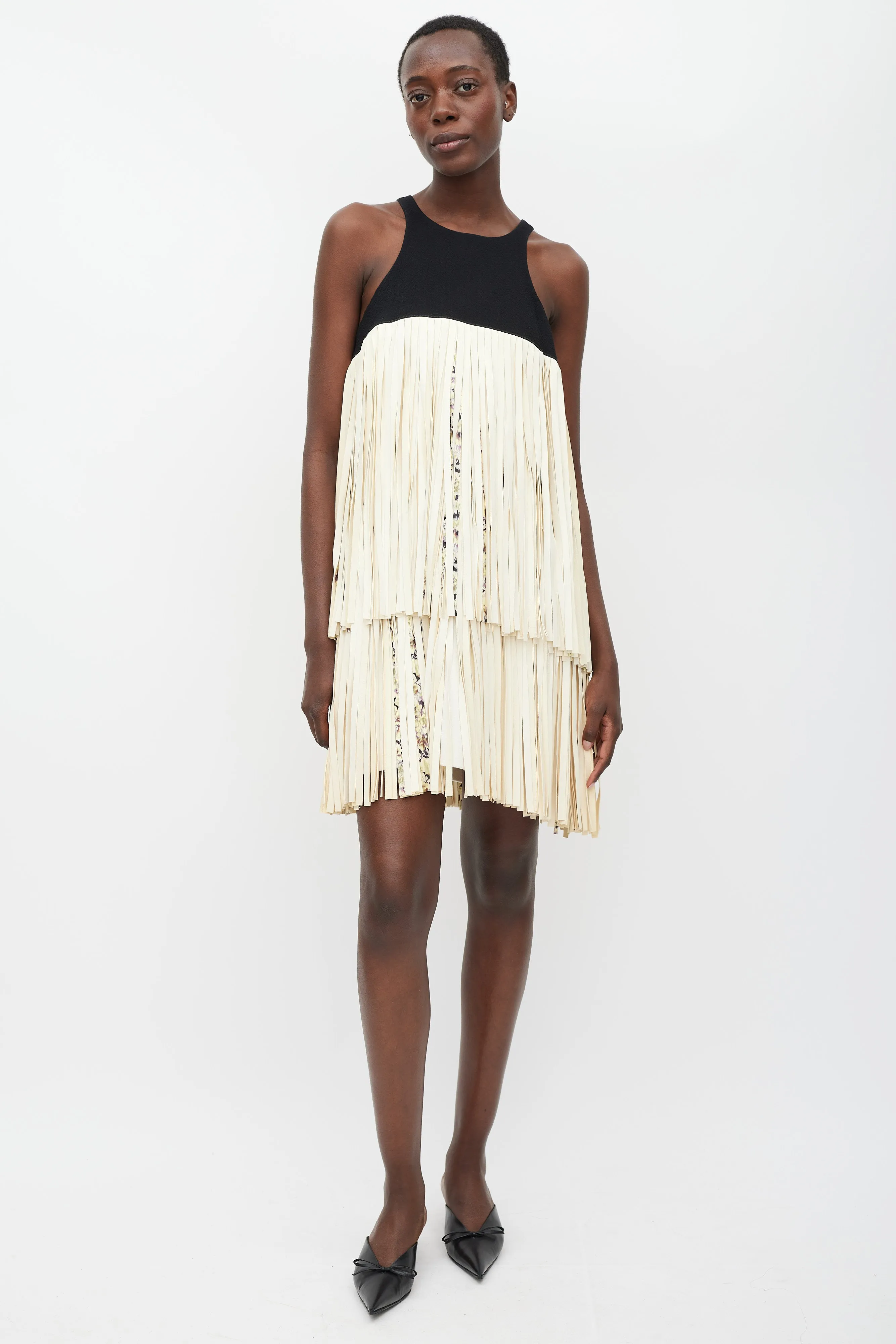 Black & Cream Leather Tiered Fringe Dress