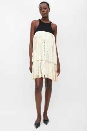 Black & Cream Leather Tiered Fringe Dress