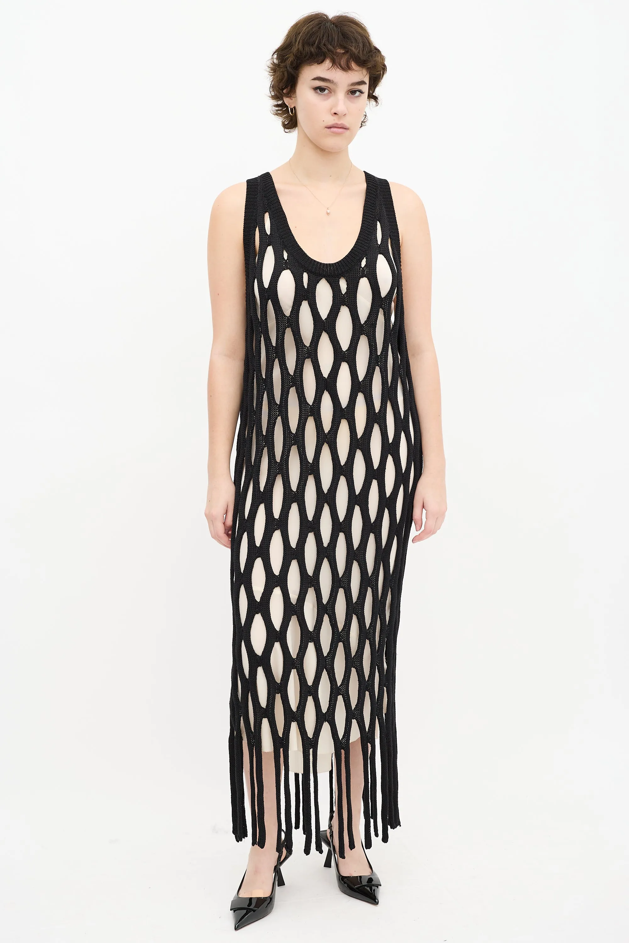 Black Linen Knit Fringe Dress