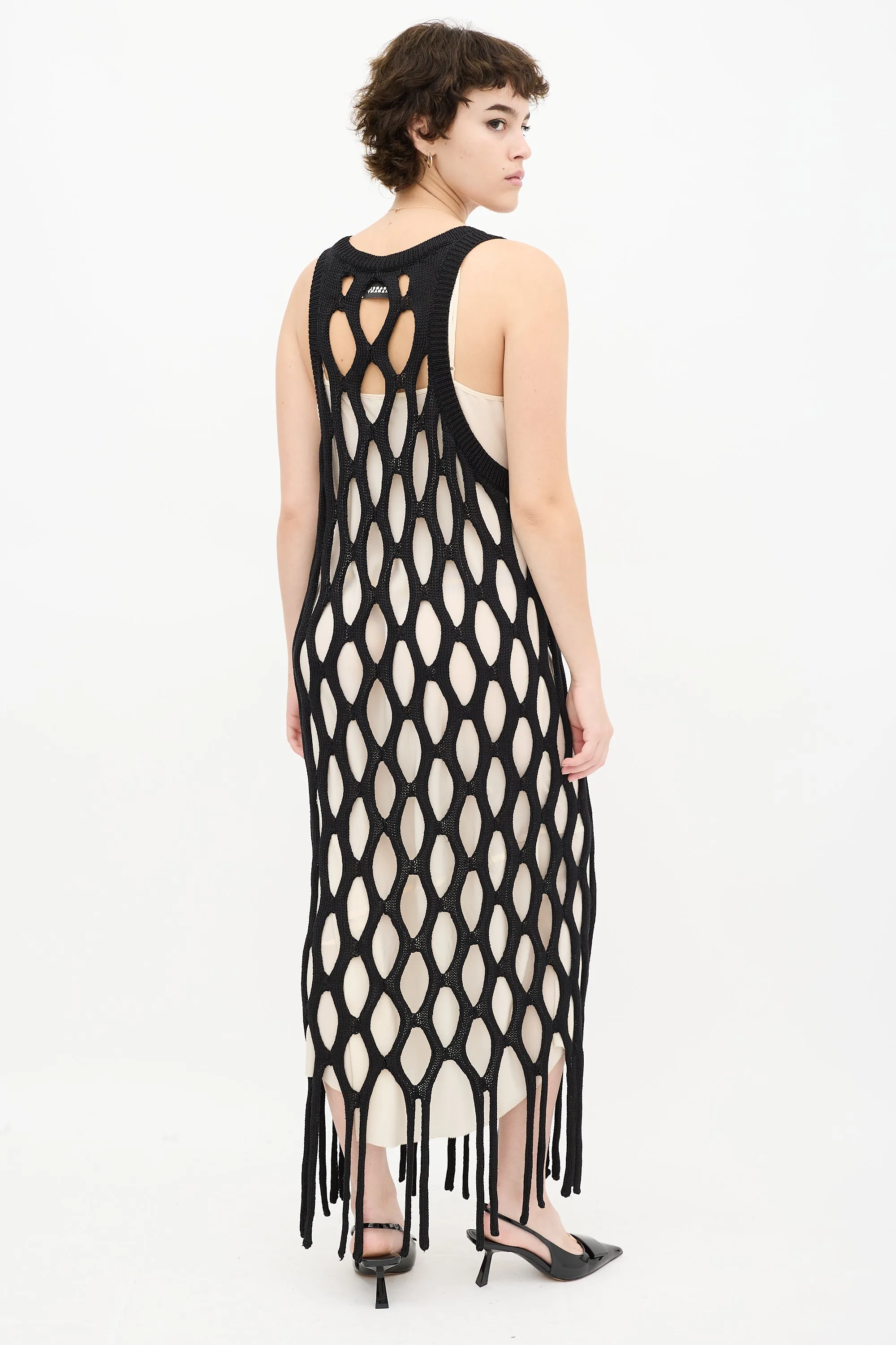 Black Linen Knit Fringe Dress