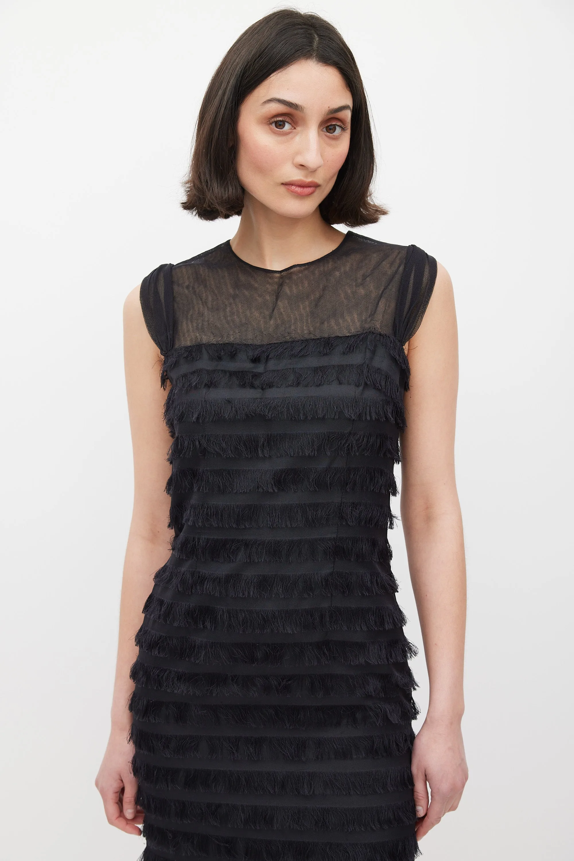 Black Silk Fringe Trim Tiered Dress