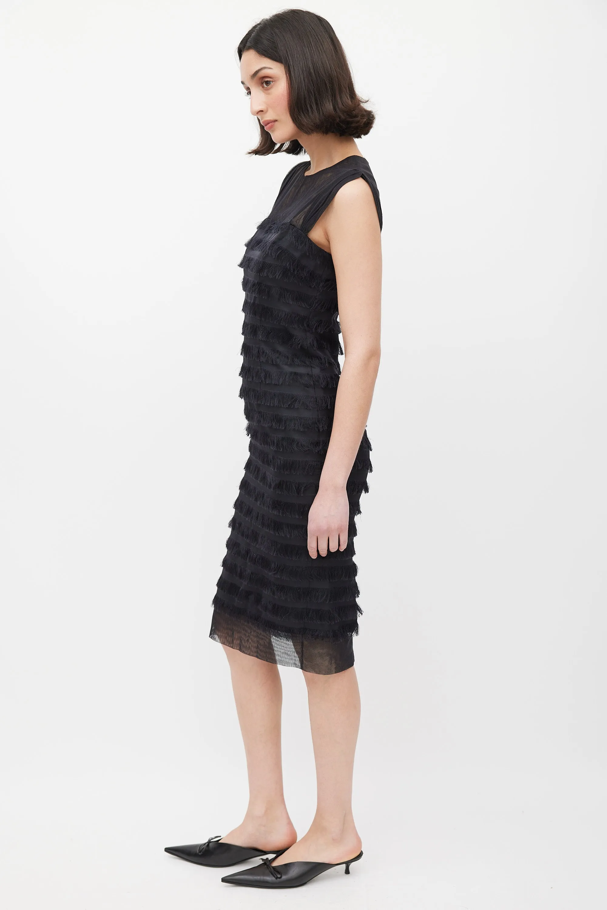 Black Silk Fringe Trim Tiered Dress