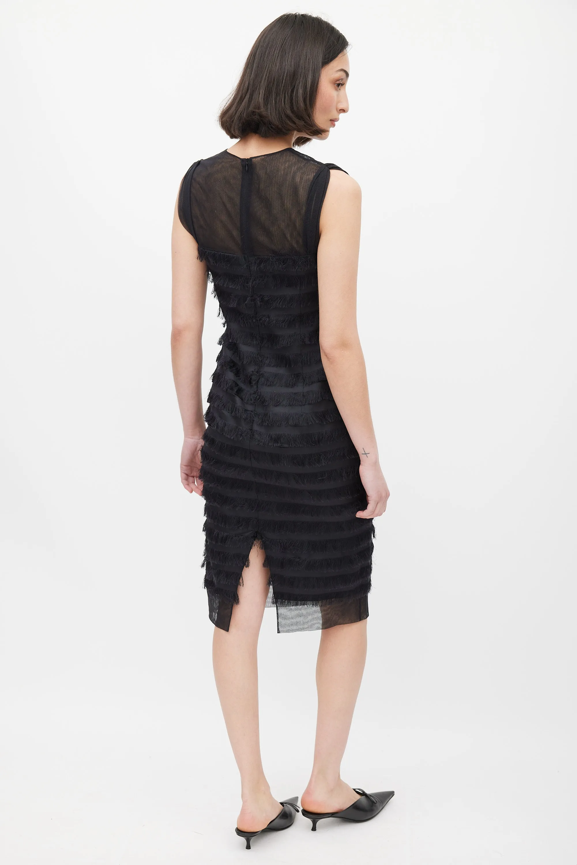 Black Silk Fringe Trim Tiered Dress