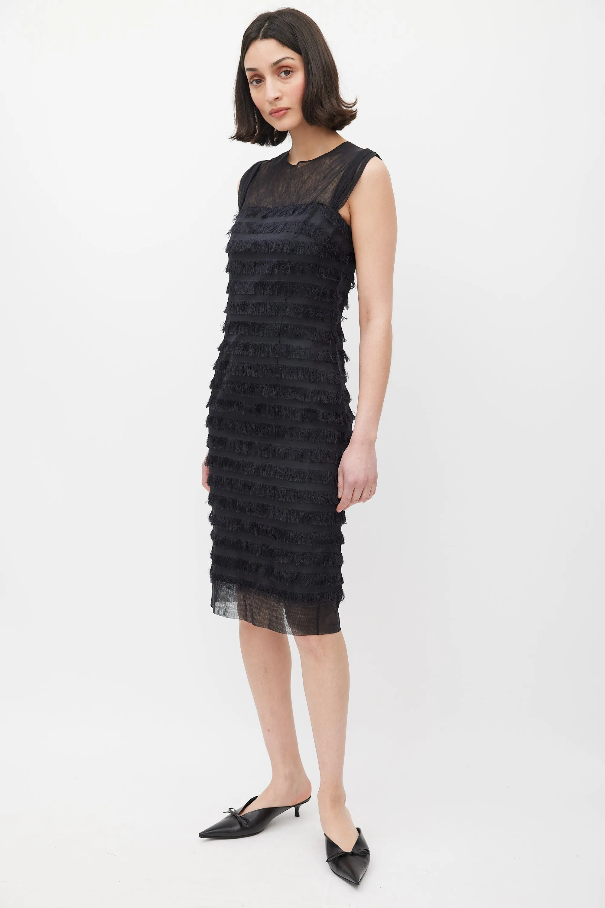 Black Silk Fringe Trim Tiered Dress
