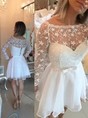 Bridelily A-Line Chiffon Bateau Long Sleeves Short/Mini With Sash/Ribbon/Belt Dresses