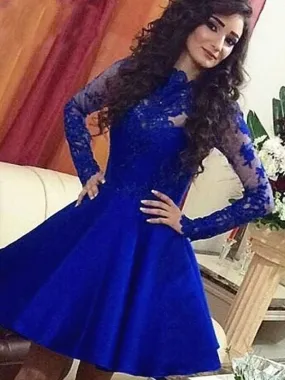 Bridelily A-Line Satin Scoop Long Sleeves Short/Mini With Lace Prom Dresses