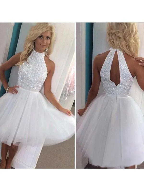 Bridelily A-Line Tulle Halter Sleeveless Short/Mini With Beading Dresses