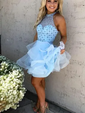 Bridelily A-Line Tulle High Neck Sleeveless Short/Mini With Beading Dresses