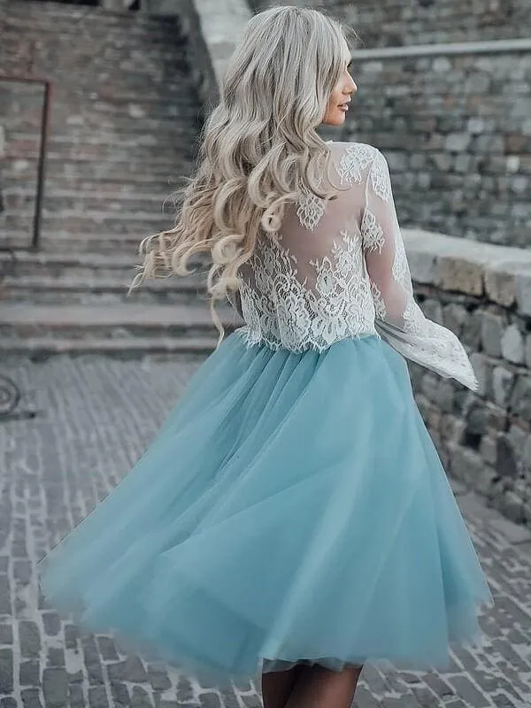 Bridelily A-Line Tulle Scoop Long Sleeves Short/Mini With Lace Dresses