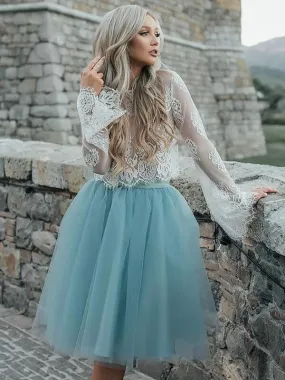 Bridelily A-Line Tulle Scoop Long Sleeves Short/Mini With Lace Dresses