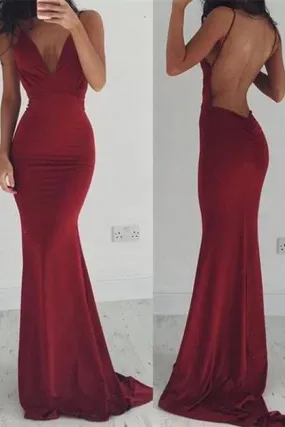 Bridelily Burgundy Spaghettis-Straps Backless Sheath Prom Dresses