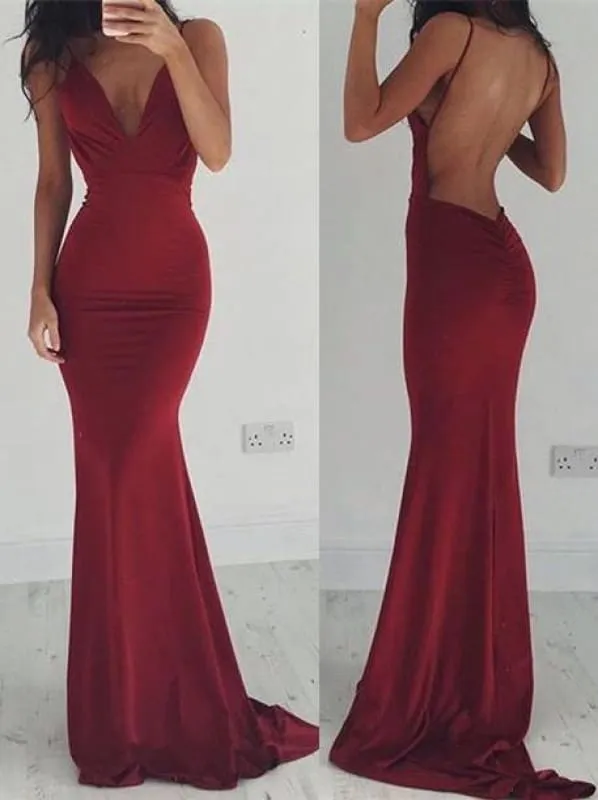 Bridelily Burgundy Spaghettis-Straps Backless Sheath Prom Dresses