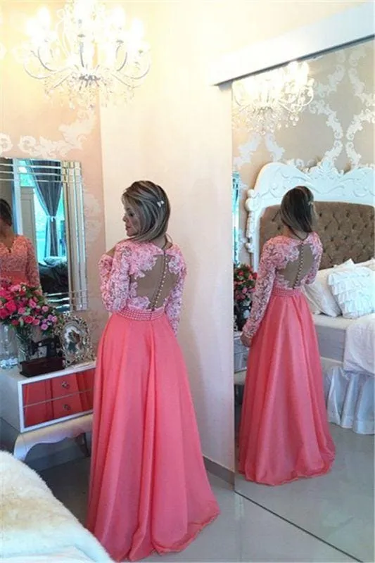 Bridelily Royal Blue  Lace V Neck Popular Evening Dress with Long Sleeve Pearl Belt Long Prom Dresses BMT017