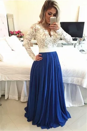 Bridelily Royal Blue  Lace V Neck Popular Evening Dress with Long Sleeve Pearl Belt Long Prom Dresses BMT017