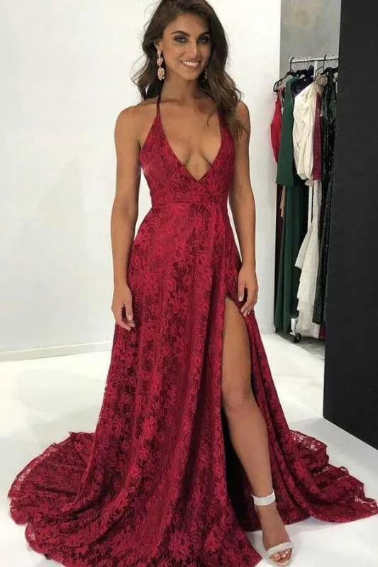 Burgundy Deep V Neck Evening Dress Sweep Train Backless Long Lace Prom Gown