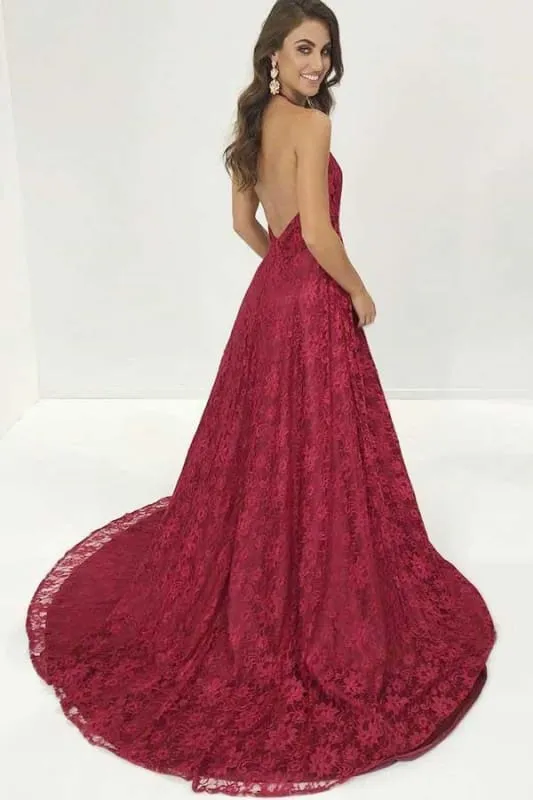 Burgundy Deep V Neck Evening Dress Sweep Train Backless Long Lace Prom Gown