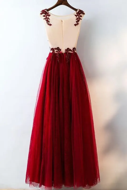 Burgundy Lace Applique Sleeveless Tulle Long Prom Dress with Beads A-line Evening Dresses