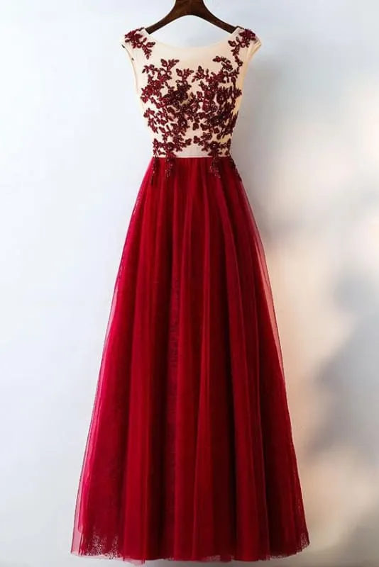 Burgundy Lace Applique Sleeveless Tulle Long Prom Dress with Beads A-line Evening Dresses