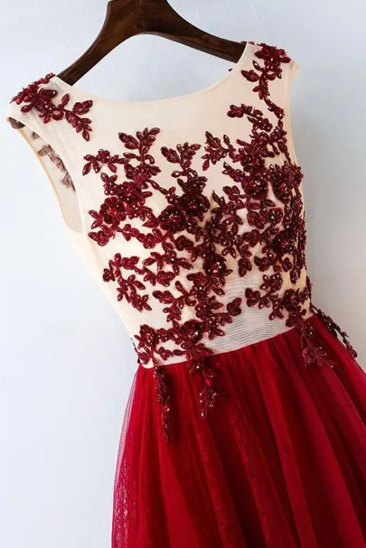 Burgundy Lace Applique Sleeveless Tulle Long Prom Dress with Beads A-line Evening Dresses