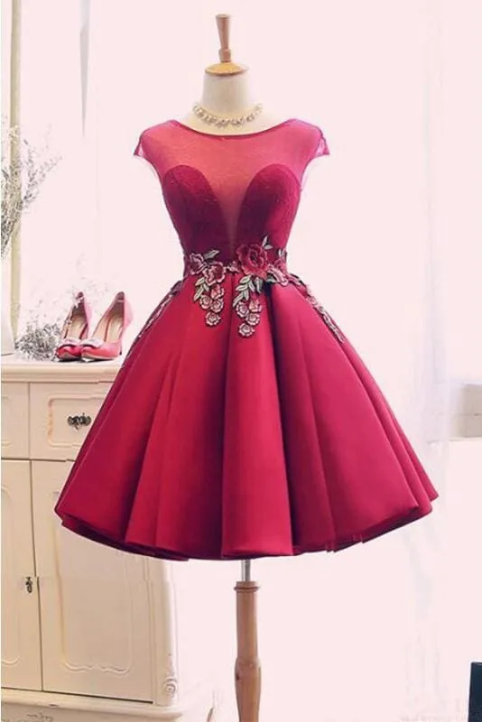 Burgundy Satin Ruched Homecoming A Line Short Prom Dress with Appliques